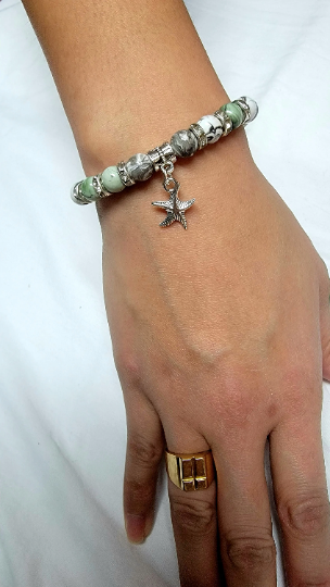 Bracelet w/ Engraved Love Design, Starfish Charm Ocean-Inspired Bracelet