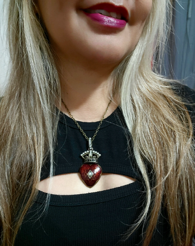 Pearl Studded Crowned Red Heart Necklace, Vintage-Themed Gothic Aesthetic Elegance