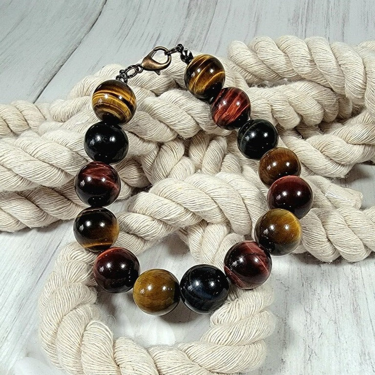 Pulsera con cuentas de ojo de tigre para hombre, cuentas grandes, regalo único para el día del padre, joyería de piedras preciosas naturales, joyería masculina, lujo único