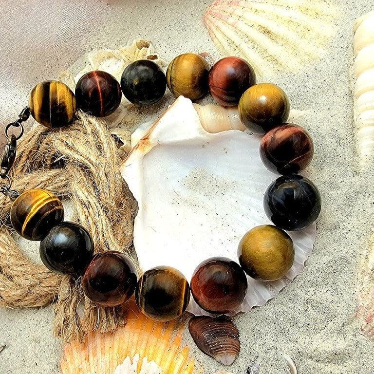 Men's Tiger's Eye Beaded Bracelet, Large Bead Wristlet, Unique Gift for Father's Day