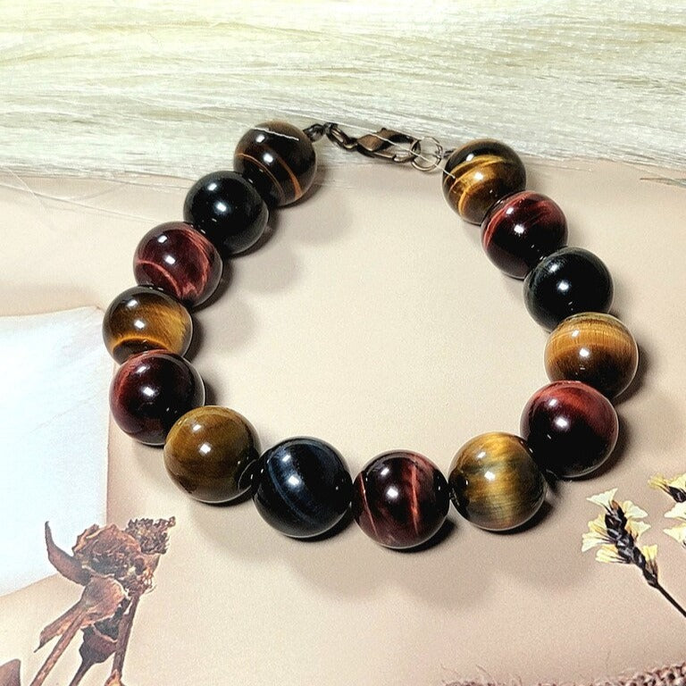 Men's Tiger's Eye Beaded Bracelet, Large Bead Wristlet, Unique Gift for Father's Day