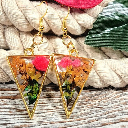 Pendientes de clavel rosa conservados, flores secas prensadas naturalmente, limonium marrón, colgante único, joyería estética Cottage Core