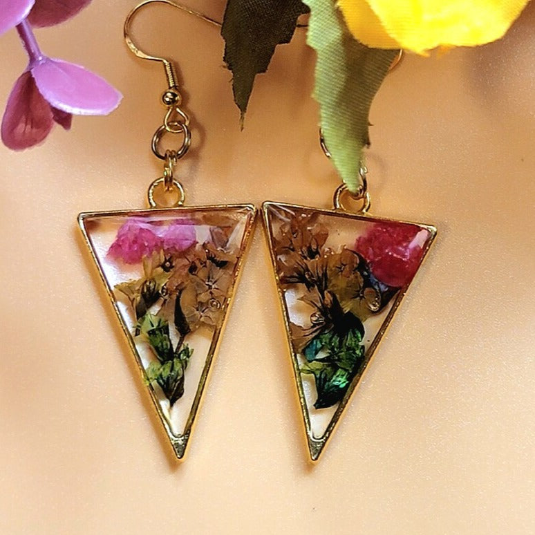 Pendientes de clavel rosa conservados, flores secas prensadas naturalmente, limonium marrón, colgante único, joyería estética Cottage Core