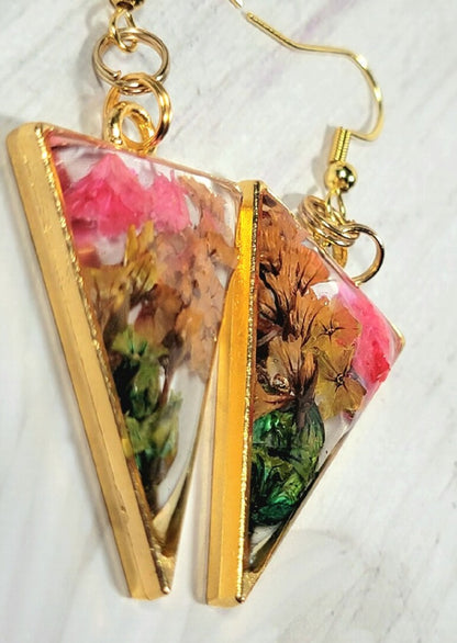 Pendientes de clavel rosa conservados, flores secas prensadas naturalmente, limonium marrón, colgante único, joyería estética Cottage Core