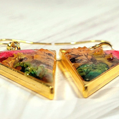 Pendientes de clavel rosa conservados, flores secas prensadas naturalmente, limonium marrón, colgante único, joyería estética Cottage Core