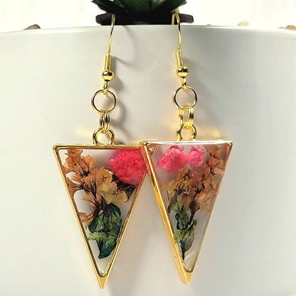 Pendientes de clavel rosa conservados, flores secas prensadas naturalmente, limonium marrón, colgante único, joyería estética Cottage Core