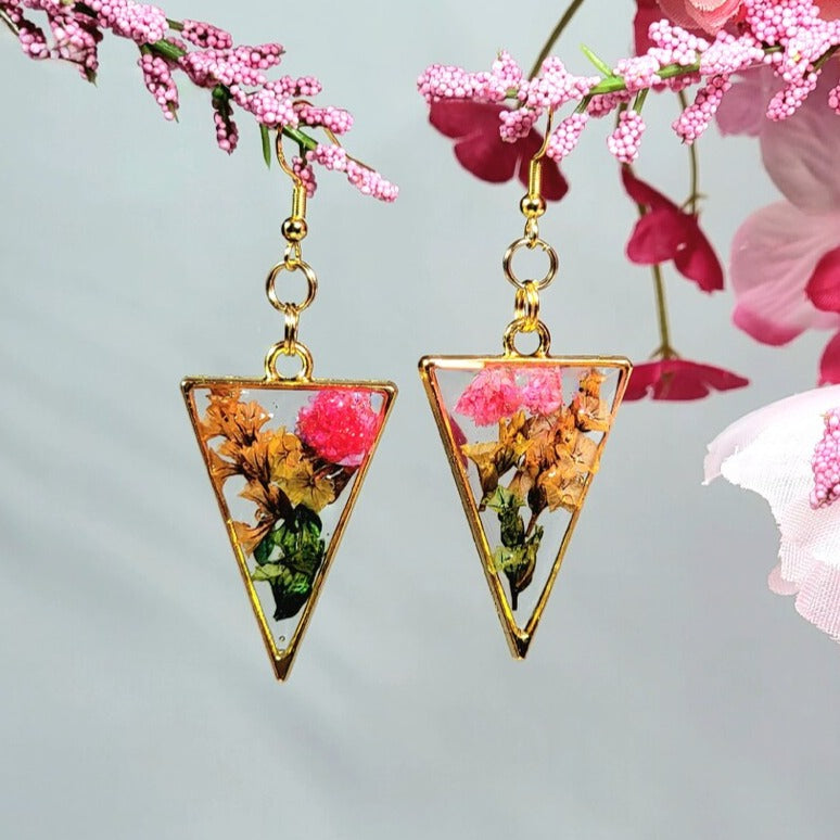 Preserved Pink Carnation Earrings, Naturally Pressed Dried Fall Flowers Dangle, Brown Limonium Pendant