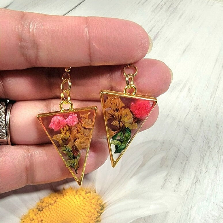 Preserved Pink Carnation Earrings, Naturally Pressed Dried Fall Flowers Dangle, Brown Limonium Pendant