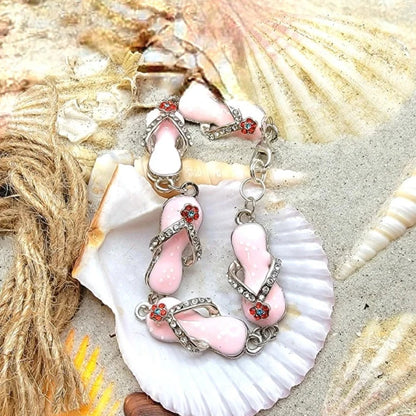 Pulsera con cuentas de chanclas rosas, encanto con temática de verano, joyas caprichosas bañadas por el sol, accesorio de muñeca de memoria de vacaciones, elegante temática de playa