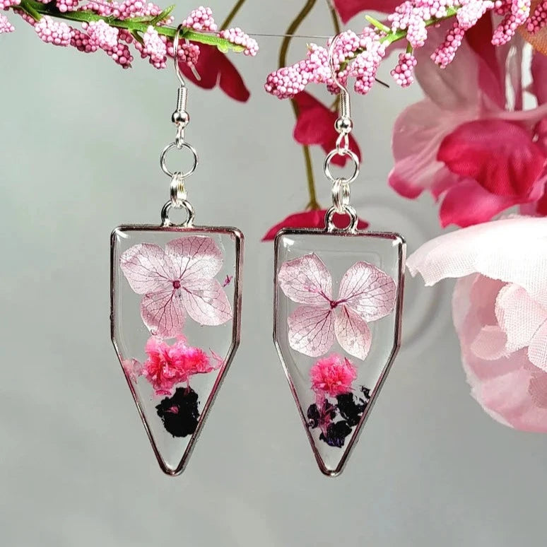 Pink Petals & Dark Purple Carnation Earring, Delicate Floral Dangle, Real Flower Jewelry