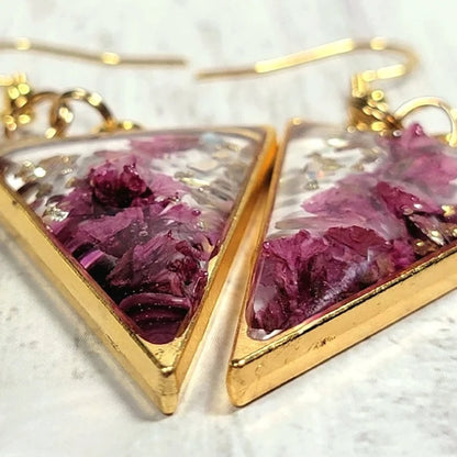 Purple Limonium Flower & Golden Flakes Earrings, Everlasting Foliage Fall Dangle, Sophisticated Botanical Jewelry