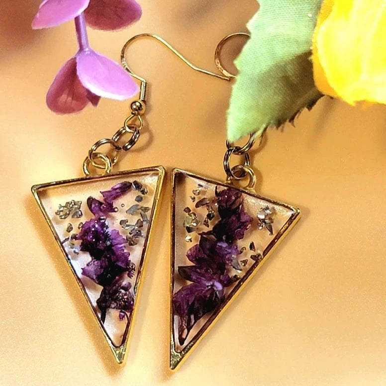 Purple Limonium Flower & Golden Flakes Earrings, Everlasting Foliage Fall Dangle, Sophisticated Botanical Jewelry