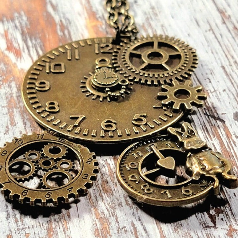 Collier Steampunk Big Clock, Pendentif Antique Gold Wheel Gear, Bijoux industriels faits à la main pour hommes, Bijoux Cogs, Accessoire minimaliste