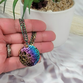 Vibrant Rainbow Moon Necklace, Cratered Surface Lunar Pendant, Colorful Celestial Jewelry, Enchanting Moon Surface Jewelry, Durable Design