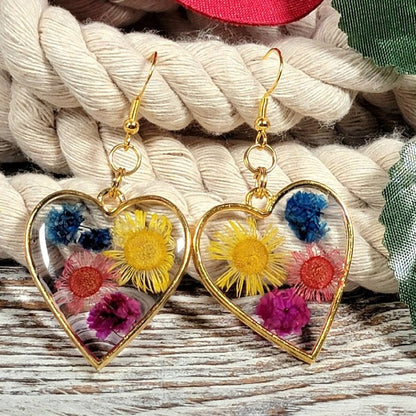 Real Dried Flowers Earring, Naturally Pressed Foliage Heart Dangle,  Romantic Jewelry