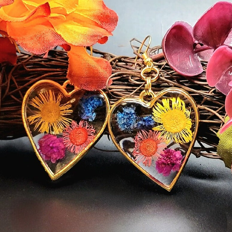 Real Dried Flowers Earring, Naturally Pressed Foliage Heart Dangle,  Romantic Jewelry