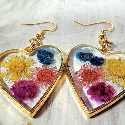 Real Dried Flowers Earring, Naturally Pressed Foliage Heart Dangle,  Romantic Jewelry