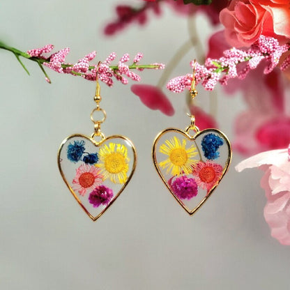 Real Dried Flowers Earring, Naturally Pressed Foliage Heart Dangle,  Romantic Jewelry