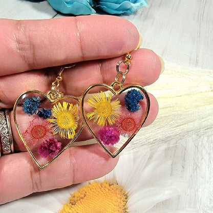 Real Dried Flowers Earring, Naturally Pressed Foliage Heart Dangle,  Romantic Jewelry