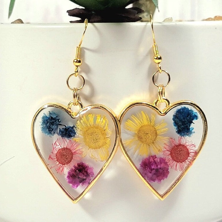 Real Dried Flowers Earring, Naturally Pressed Foliage Heart Dangle,  Romantic Jewelry