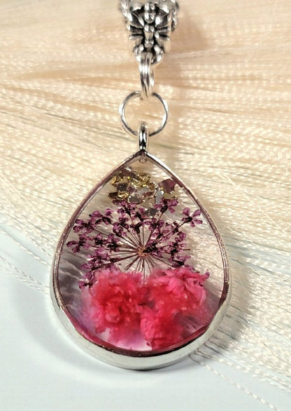 Naturally Pressed Pink Carnations & Purple Baby's Breath Necklace, Dried and Preserved Flowers Pendant, Dainty Prom Jewelry