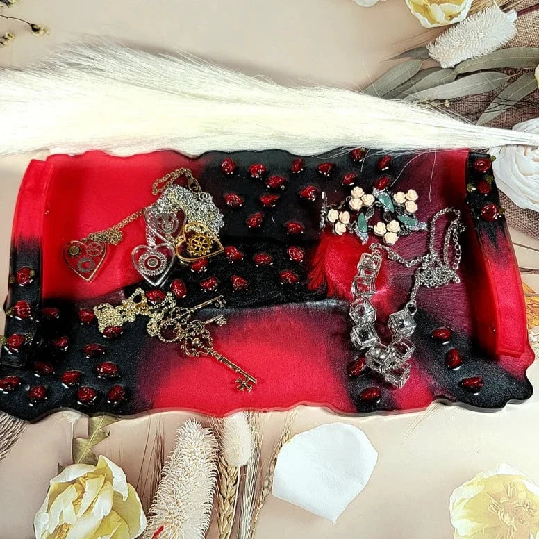 Silk Rose Embellished Resin Decorative Tray, Elegant Vanity Dresser Organizer, Artisan Crafted Charcuterie Board