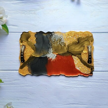 Red, Black and Gold Decorative Tray with Rhinestone Handles, Handmade Serving Platter, Elegant Charcuterie Board, Perfume Organizer, Housewarming Gift