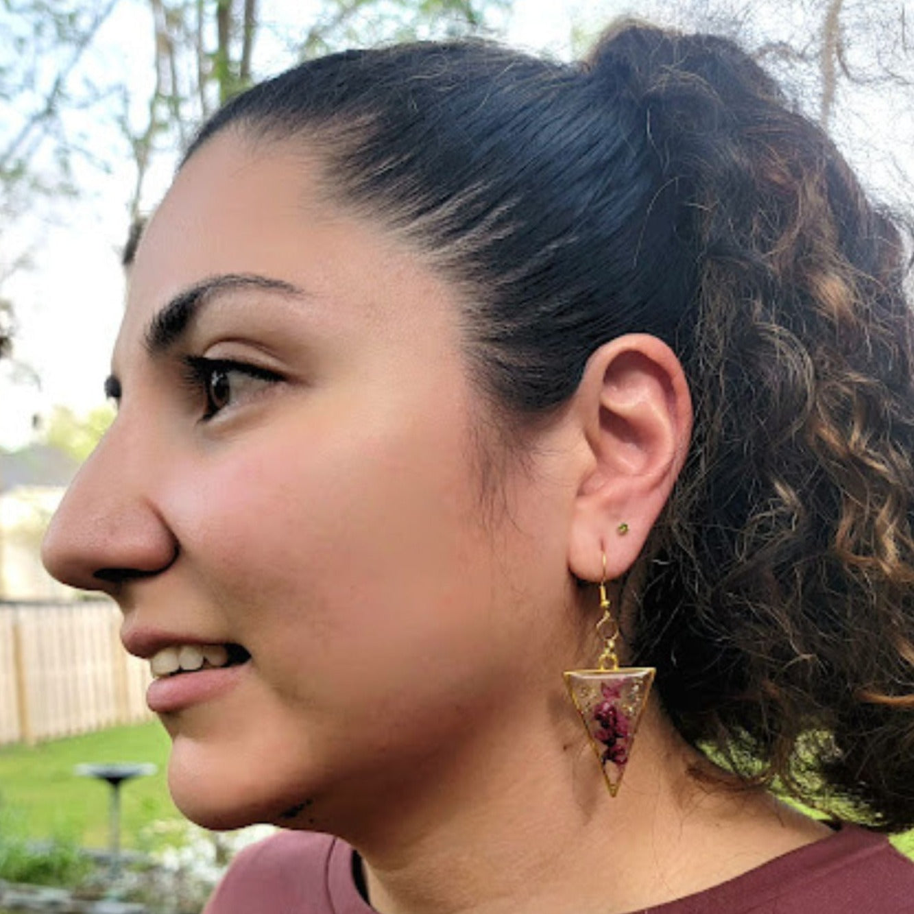 Purple Limonium Flower & Golden Flakes Earrings, Everlasting Foliage Fall Dangle, Sophisticated Botanical Jewelry