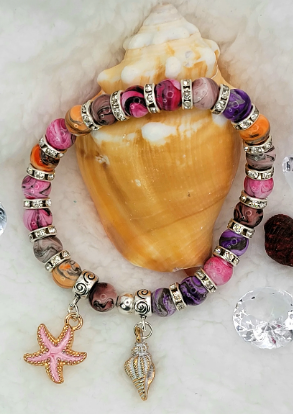 Multicolored Oceanic Beaded Bracelet, Sea Shell & Starfish Charms