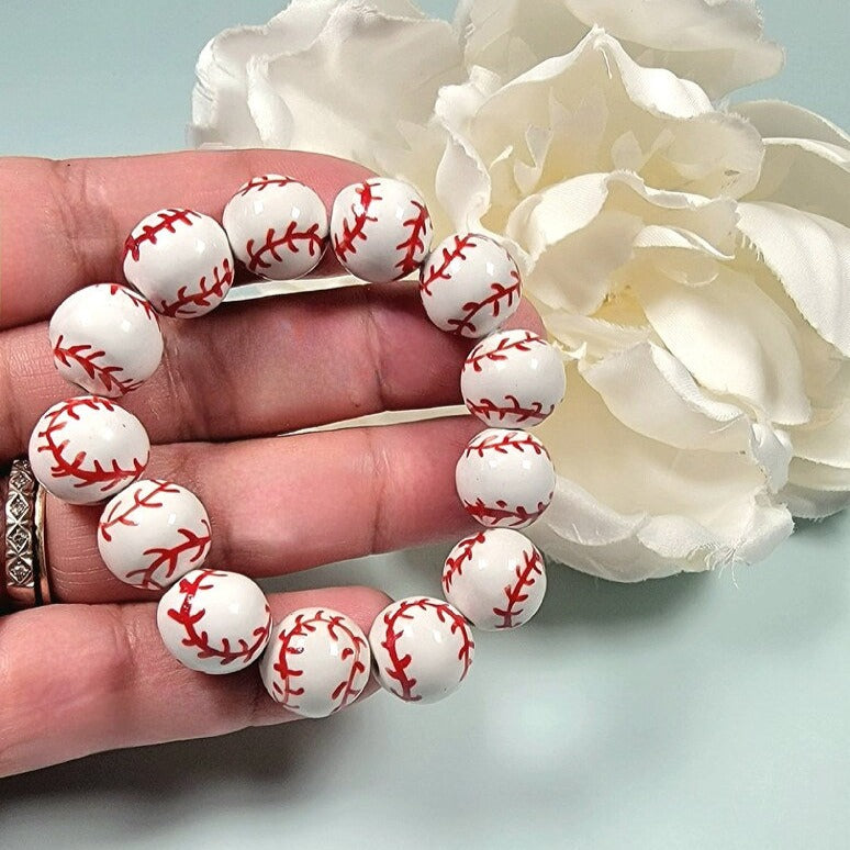 Softball Baseball Beaded Bracelet, Sports Mom Jewelry, Waterproof Athletic Accessory, Athlete Fashion, Lightweight Ceramic Wristlet, Durable Stretch