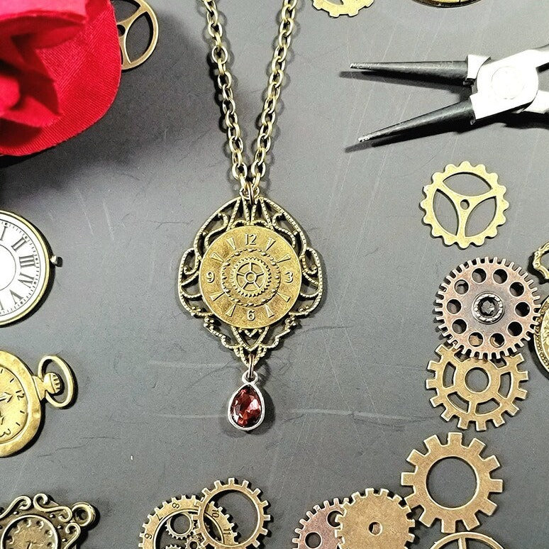 Steampunk Victorian Clock with Waterdrop Crystal Necklace, Old World Theme Pendant, Mechanical & Elegant Fusion Jewelry, Historical and Futuristic Charm