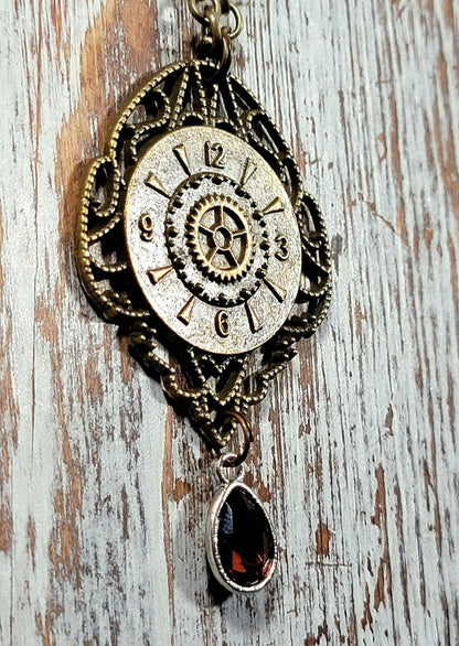 Steampunk Victorian Clock with Waterdrop Crystal Necklace, Old World Theme Pendant, Mechanical & Elegant Fusion Jewelry, Historical and Futuristic Charm