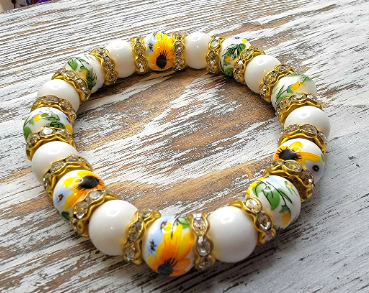 Pulsera con cuentas de porcelana de girasol brillante, boda de girasol en la playa, joyería de flores delicadas, regalo para amantes de las plantas, diseño inspirado en la naturaleza