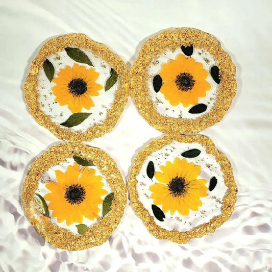 Juego de posavasos de resina de girasol y helechos de 4, incrustaciones botánicas reales, decoración del hogar inspirada en la naturaleza, soporte de almacenamiento sostenible y ecológico