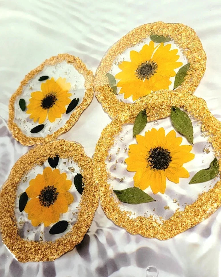 Sunflower & Ferns Resin Coaster Set of 4, Real Botanical Embeds, Nature Inspired Home Decor, Sustainable and Eco-Friendly Storage Holder