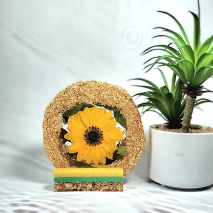 Juego de posavasos de resina de girasol y helechos de 4, incrustaciones botánicas reales, decoración del hogar inspirada en la naturaleza, soporte de almacenamiento sostenible y ecológico