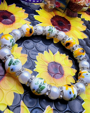 Fleur de porcelaine de tournesol lumineuse, perles en céramique vêtements d’été de printemps, bracelets de demoiselles d’honneur, cadeau d’entourage de mariage, mode d’automne délicate