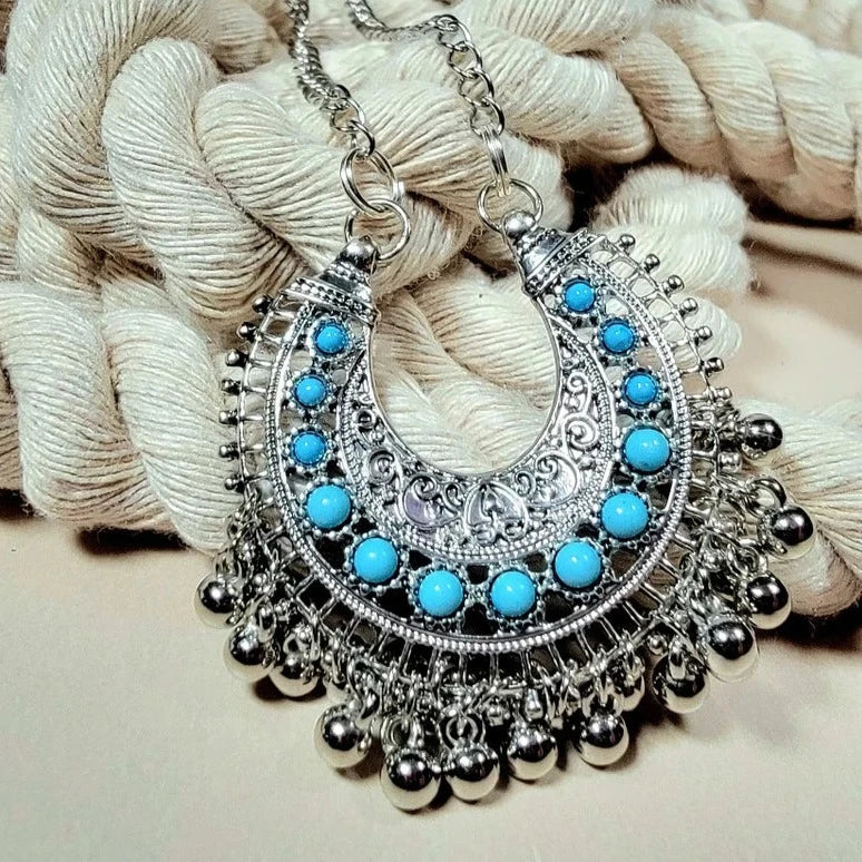 Turquoise Beads in Silver U-Shape Boho Necklace, Bohemian Chic Pendant, Southwestern Flair For Her