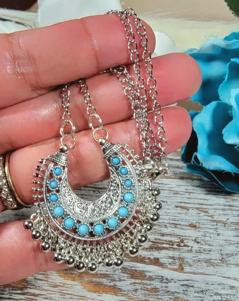 Turquoise Beads in Silver U-Shape Boho Necklace, Bohemian Chic Pendant, Southwestern Flair For Her