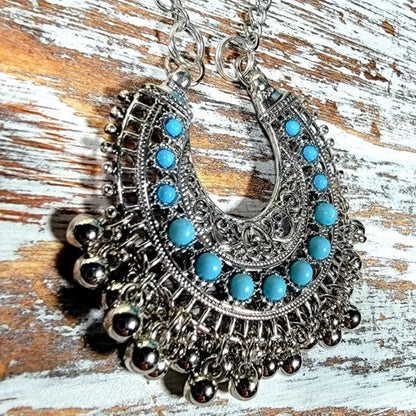 Turquoise Beads in Silver U-Shape Boho Necklace, Bohemian Chic Pendant, Southwestern Flair For Her