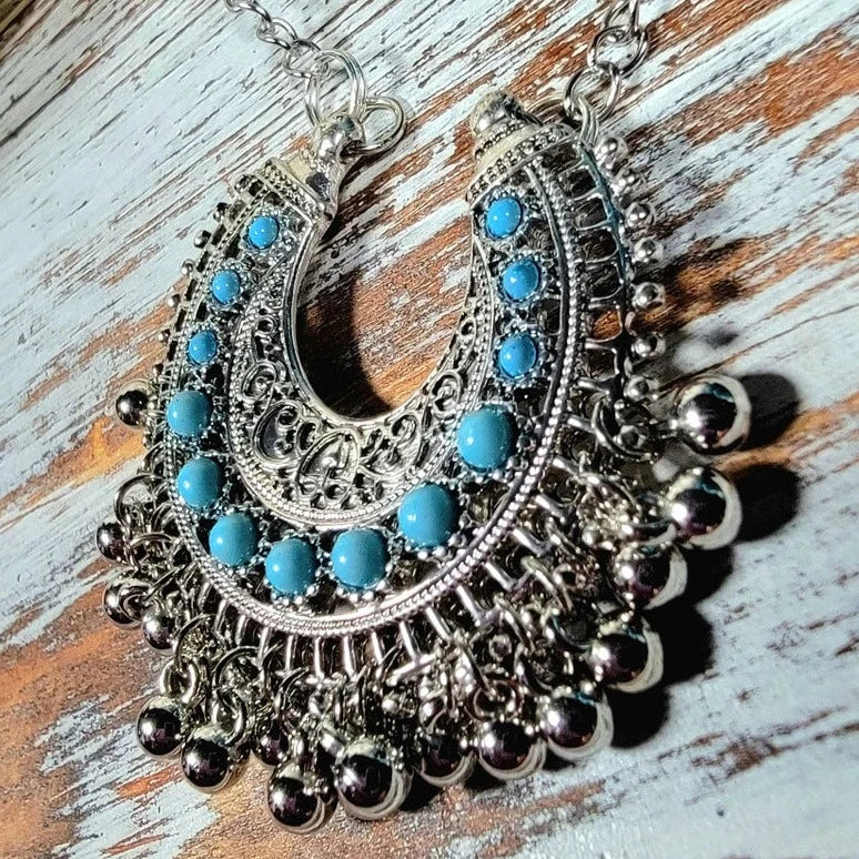 Turquoise Beads in Silver U-Shape Boho Necklace, Bohemian Chic Pendant, Southwestern Flair For Her