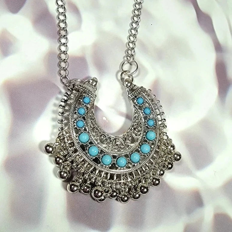 Turquoise Beads in Silver U-Shape Boho Necklace, Bohemian Chic Pendant, Southwestern Flair For Her