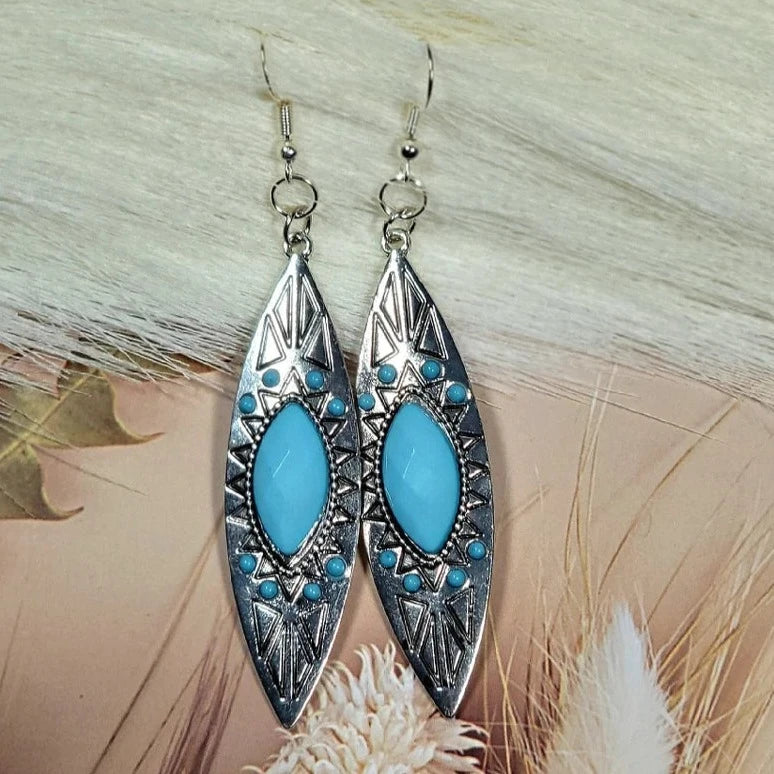 Faux Turquoise Etched Stone Earring, Mesmerizing Bohemian Style Dangle, Elegant Long Drop