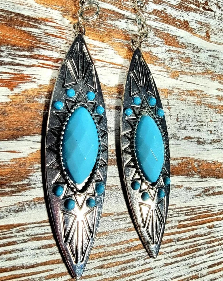 Faux Turquoise Etched Stone Earring, Mesmerizing Bohemian Style Dangle, Elegant Long Drop