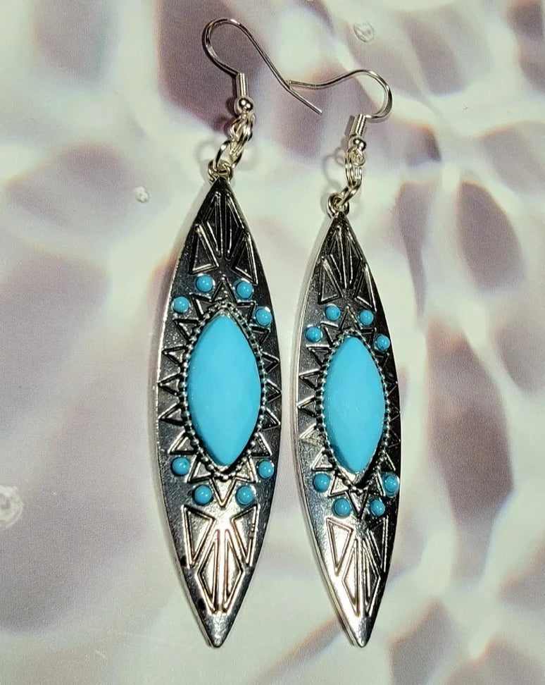 Faux Turquoise Etched Stone Earring, Mesmerizing Bohemian Style Dangle, Elegant Long Drop