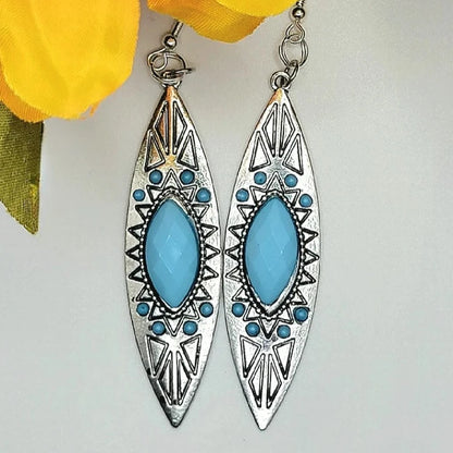 Faux Turquoise Etched Stone Earring, Mesmerizing Bohemian Style Dangle, Elegant Long Drop