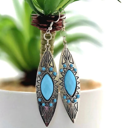 Faux Turquoise Etched Stone Earring, Mesmerizing Bohemian Style Dangle, Elegant Long Drop