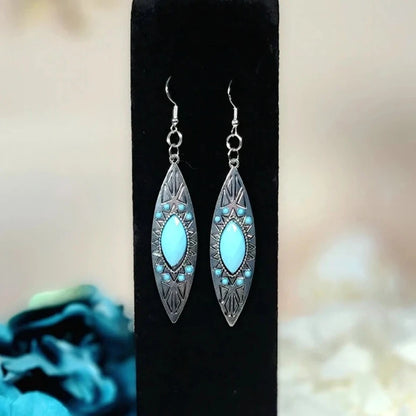 Faux Turquoise Etched Stone Earring, Mesmerizing Bohemian Style Dangle, Elegant Long Drop