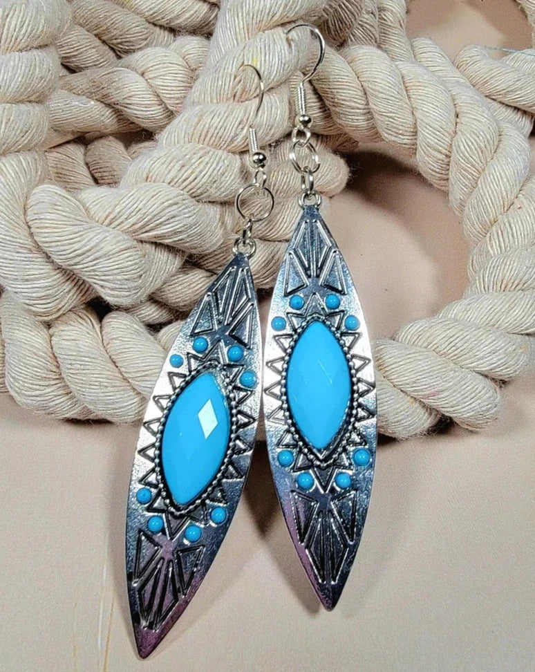 Faux Turquoise Etched Stone Earring, Mesmerizing Bohemian Style Dangle, Elegant Long Drop