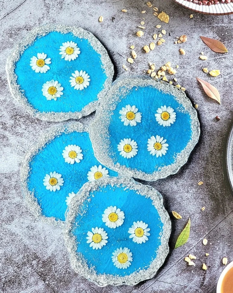 White Daisy Flower on Blue Background Drink Coasters - Set of 4, Housewarming Present, Gift for Host, Stylish Home Decor Essentials